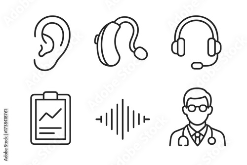 Hearing and communication icons: ear, hearing aid, headset, report, soundwave, doctor