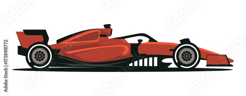 High speed red formula one race car with blurred rear wheel motion effect