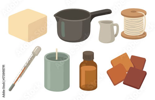 Candle making setup with wax, wicks, pot, pitcher, thermometer, fragrance oil, dye blocks, and spool