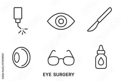 Eye surgery icons: laser, scalpel, eye, lens, glasses, drops