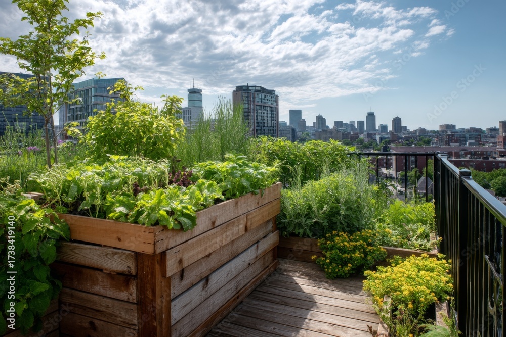 Fototapeta premium Rooftop garden filled with vibrant plants and herbs overlooks the city skyline under a clear blue sky in the afternoon
