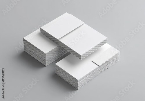 Isometric view of stacked, blank rectangular papers with a slight offset