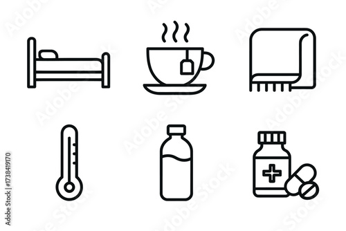 Essential sick day icons: bed, tea, blanket, thermometer, medicine bottle, pills
