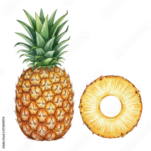 Watercolor Illustration of Whole Pineapple and Pineapple Ring Slice