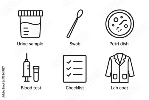 Medical symbols: urine sample, swab, petri dish, blood test, checklist, lab coat