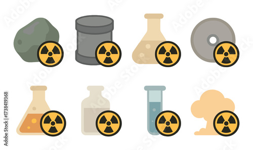Radioactive materials icon set featuring barrels, flasks, and hazard symbols