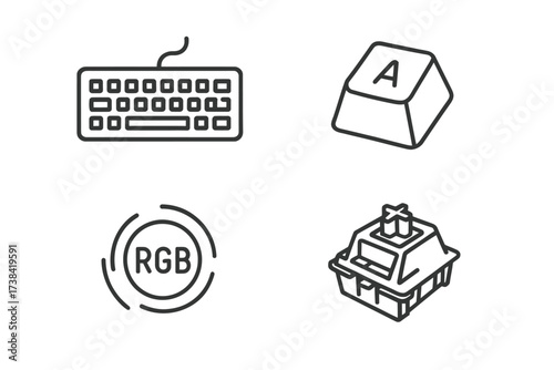 Keyboard icon set with rgb function, keycap, and switch illustrations