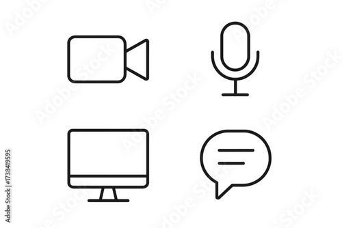 Minimalist line art icons of video camera, microphone, monitor, and chat bubble