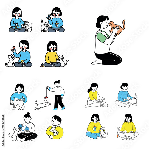 Illustrations people playing with cats. Simple line art depicts daily life, affectionate interactions, and companionship with feline pets