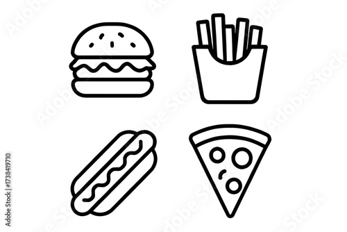 Outline icons of burger, fries, hot dog, and pizza slice