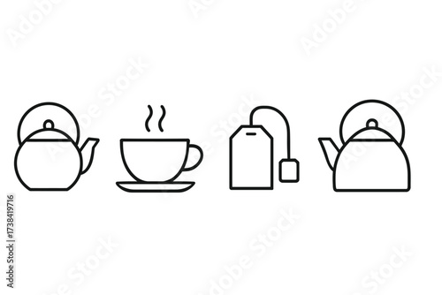 Minimalist line art of teapot, teacup, and teabag icons on white background