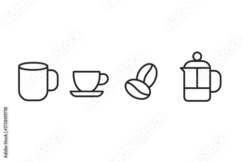 Coffee icon set featuring mugs, cup, beans, and cafetière in minimal line art style