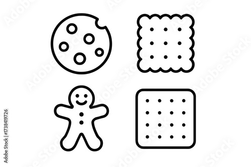 Outline icons of cookie, cracker, biscuit, and gingerbread figurine