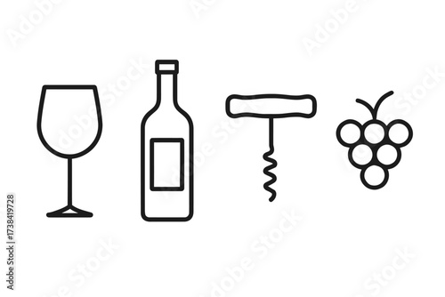 Wine essentials: glass, bottle, corkscrew, and grapes icons in line art