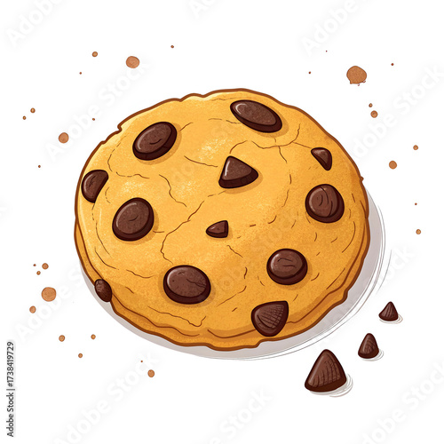 A cute emoji-style chocolate chip cookie illustration with visible chocolate chunks, round shape, isolated