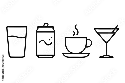 Outline icons of glass water, can, coffee cup, and martini glass with straw