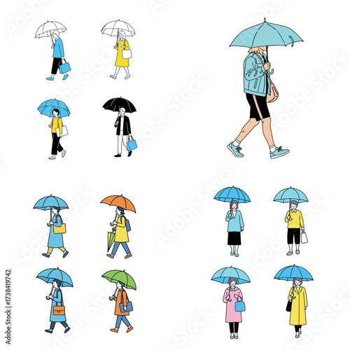 Diverse People with Umbrellas Simple Line Art Illustrations for Rainy Days