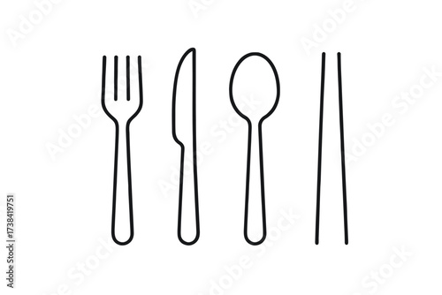 Minimalist black outline cutlery set: fork, knife, spoon on white background
