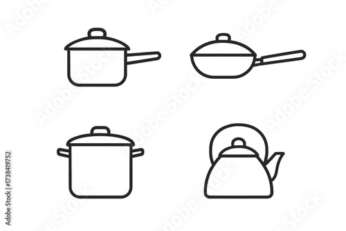 Outline icons of saucepan, frying pan, stockpot, and teapot kitchenware
