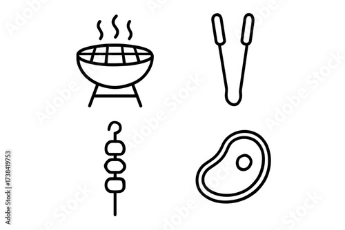 Minimalist bbq icons: grill, tongs, skewer, steak