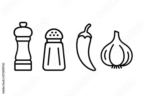 Black and white icons of pepper mill, salt shaker, chili pepper, and garlic
