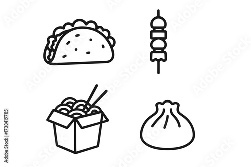 Line art icons of taco, skewer, noodles, and dumpling illustrations