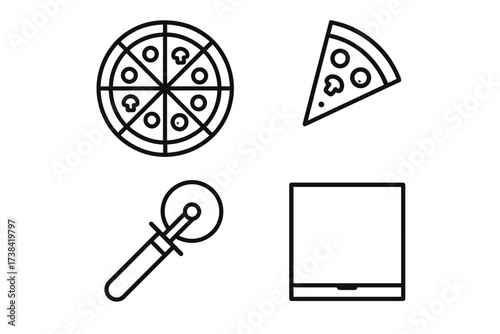 Pizza icon set with cutter and box outline drawing