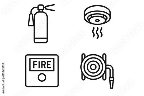 Fire safety icons: extinguisher, alarm, hose, fire call button