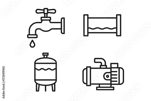 Set of icons: water tap, pipe, tank, motor pump in black and white