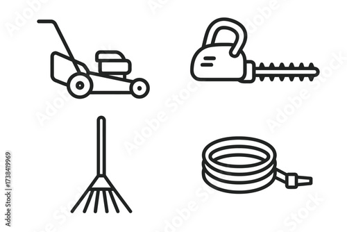 Garden tool icons: lawn mower, leaf blower, rake, hose