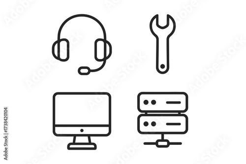 Technical support icons: headset, wrench, computer monitor, and server