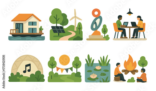 Eco lifestyle illustration with renewable energy, sustainable living and outdoor activities