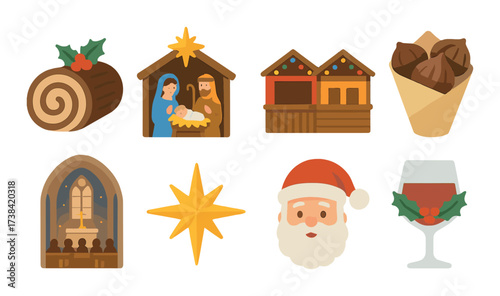 Christmas icons set: nativity scene, santa, yule log, and festive decor elements