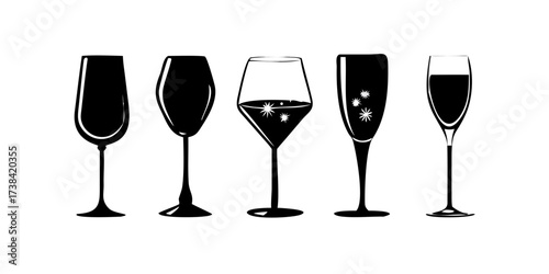 Wineglass different types silhouette set. Glass for red, sparkling wine champagne liquor alcohol beverages, engraving various shapes. Winemaking monochrome advertisement design for cafe, restaurant.ic