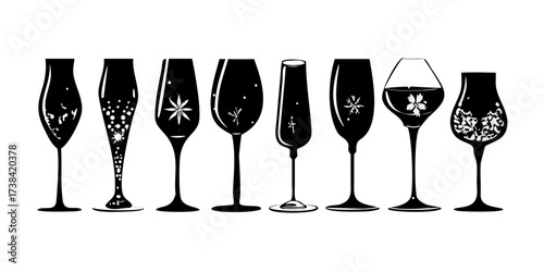 Wineglass different types silhouette set. Glass for red, sparkling wine champagne liquor alcohol beverages, engraving various shapes. Winemaking monochrome advertisement design for cafe, restaurant.ic