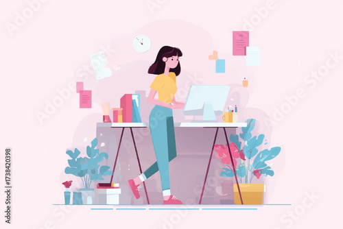 Woman working from home office setup using a standing desk and computer for increased productivity
