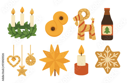 Festive holiday decorations with candles, ornaments, and gingerbread cookies