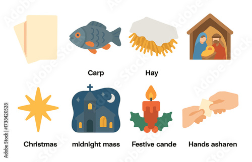 Christmas traditions with carp, midnight mass, and festive candle icons