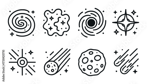 Galaxy and space icon set featuring stars and celestial bodies