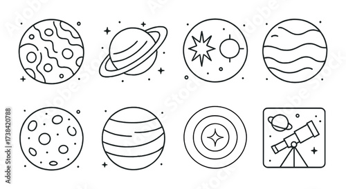 Monochrome celestial icons: planets, moon, and telescope against textured background