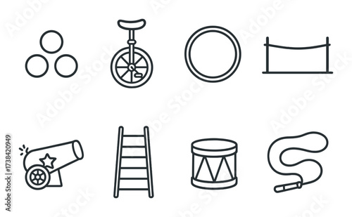 Simple black and white circus icons set featuring various circus elements