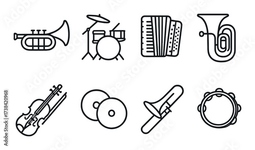 Musical instrument icons - trumpet, drums, accordion, tuba, violin, cymbals, trombone, tambourine