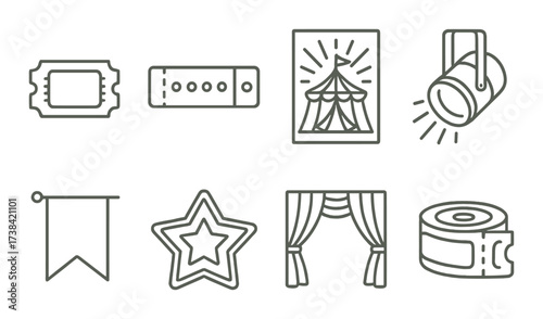 Circus icons set: tent, stage, ticket, star, banner, spotlight, curtain, tape