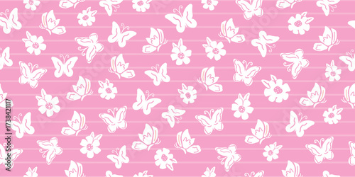 Seamless butterfly pattern. A repetitive cute background with hand-drawn butterflies, flowers. The repetitive linear design of modern pink colors for print. naive art design for print, paper, textile