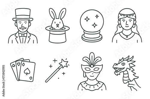 Magician icon set: top hat, rabbit, crystal ball, dragon, cards, wand, mask, young female