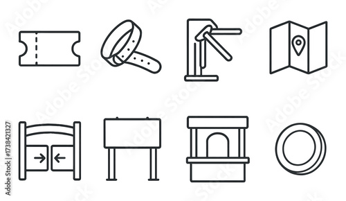 Monochrome icons of ticket, belt, turnstile, map, gate, billboard, booth, plate