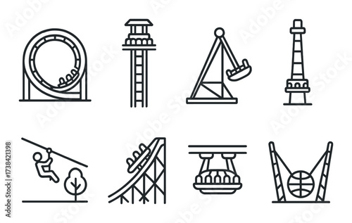 Amusement park rides icons - roller coaster, carousel, zipline, observation tower