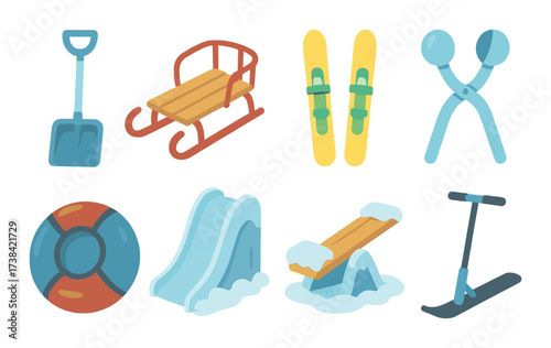 Winter sports equipment icons: shovel, sledge, skis, ice skates, tube, slide, seesaw, scooter
