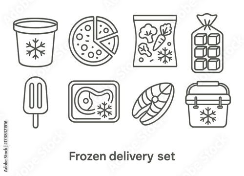 Frozen delivery icons set: pizza, vegetables, ice cream, seafood, cooler