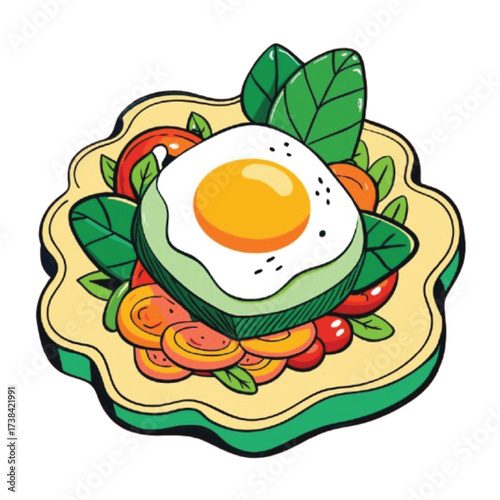 A vibrant and appetizing dish featuring a fried egg atop avocado, surrounded by fresh spinach and tomatoes, creating a healthy and colorful meal illustration, isolated on white background